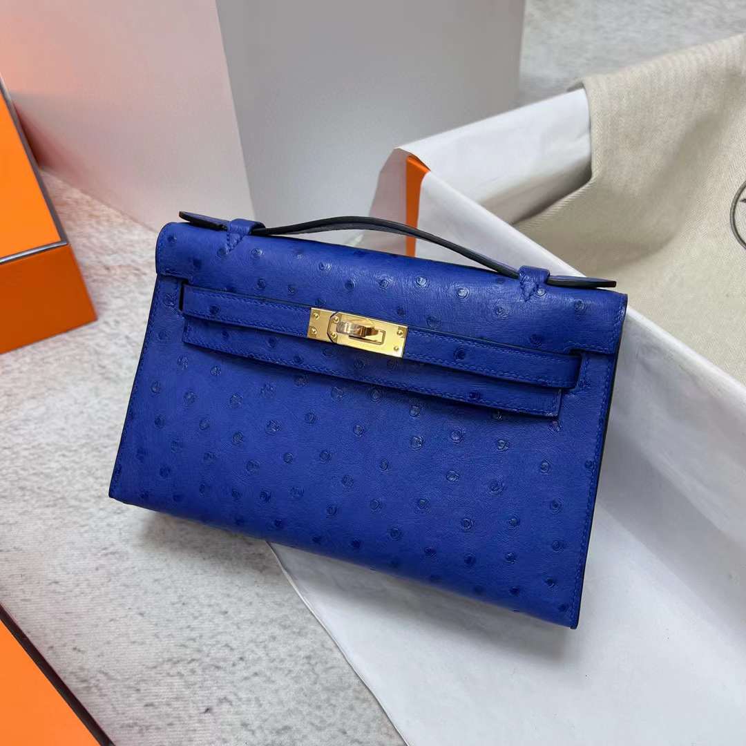 Hermès Kelly Pochette Mykonos Ostrich Gold Hardware GHW