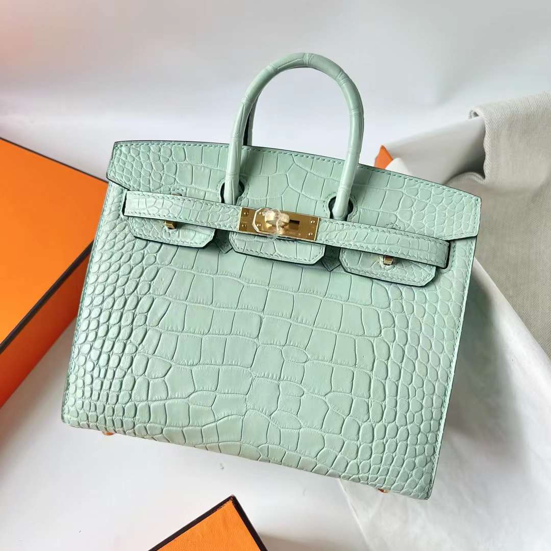 NEW HERMES 6U VERT D'EAU MATTE CROCODILE MINI KELLY II 20 POCHETTE CUT BAG  GREEN